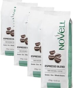 NOVELL – Café Espresso Blend Café en Grano 250 g | Mezcla Premium Arábica y Robusta | Con Válvula Unidireccional | Café en Grano para Espresso, Moka y Filtro (Paquete de 4)