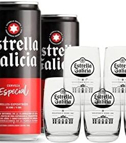 Estrella Galicia Especial y Juego de Vasos - Pack Combinado de Cerveza Estrella Galicia Especial de 24 Latas x 33 cl, Alc 5,5% Vol y Juego de 6 Vasos de Caña, Aptos para Lavavajillas