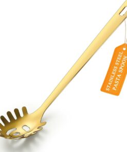Cuchara de espagueti dorada, servidor de pasta ReaNea, cuchara de pasta de acero inoxidable con dientes, tenedor de pasta de metal de fideo utensilios de cocina dorados