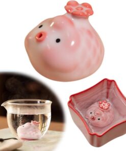 Blow Bubbles - Estatua de cerámica de cerdo de té, mini figura de animal, lindo pez haciendo pucheros escupiendo burbujas debajo de la taza inferior, adorno de escritorio para estantería, armario