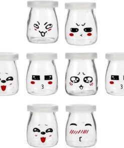 MAGICLULU 8 Piezas Botellas de Yogur de Vidrio para Pudín y Postre | Borde Suave, Apertura Fácil, Portátiles Limpieza Sencilla, Patrón de Dibujos Animados Color Aleatorio Estilo Aleatorio