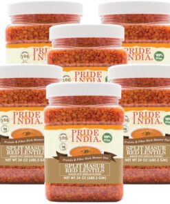 Pride Of India Paquete de 6 lentejas rojas indias Split Masur - Masoor Dal rico en proteínas y fibra, tarro de 1.5 libras