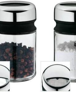WMF Depot - Juego de 4 Piezas Botes de Especias de 100ml y Tapa de 4 posiciones Tarro de Especias de Vidrio y Acero Inoxidable Cromargan, Apto para lavavajillas