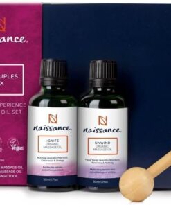 Naissance Set de Aceites De Masaje Orgánico The Couples Box Kit - Juego de Regalo Para Parejas 2 x 50ml Aceite Natural Con Masajeador De Madera