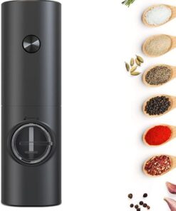 Molinillo eléctrico de pimienta, especias, molinillo de sal, funciona con pilas, luz LED, finura ajustable, adecuado para pimientos, especias, comino (negro)