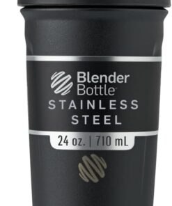BlenderBottle Strada - Botella térmica de acero inoxidable con BlenderBall, coctelera de proteínas y agitador de fitness, sin BPA, doble pared, aislado al vacío, negro, 710 ml. | Material libre de BPA