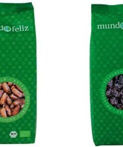 Mundo Feliz - Ciruelas ecológicas secas sin hueso, 2 bolsas de 500 g & Dátiles ecológicos secos sin hueso, 2 bolsas de 500 g