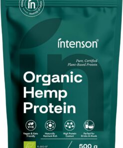 Intenson Proteína de Cáñamo Orgánica, 500 g, Certificado Orgánico UE | Bio, Alto Contenido en Proteína, Apoya el Mantenimiento y la Regeneración Muscular, Vegano, Sin Gluten, Sin Aditivos