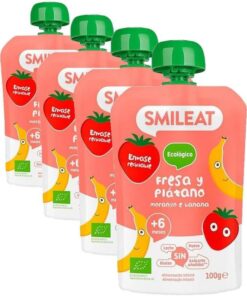 Smileat - Pouch de Frutas Ecológicas - Sin Sal ni Azúcar Añadido, Sin Gluten - Snack Práctico para Peques - Sabor a Fresa y Plátano (Paquete de 4)