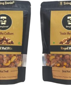 Being Bania Royal Nut Mix, No Palmolein Oil, Cashews, Almonds, Peanuts, Chickpeas, Green Gram Mix, Kaju Badaam Namkeen, Desi Trail Mix, Premium Namkeen Chakna, 280 gm (Pack of 2)