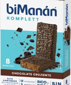 BIMANÁN KOMPLETT - BARRITAS DE CHOCOLATE CRUJIENTE - Ricas en Proteínas y Fibra, con 12 Vitaminas y 4 Minerales - sin Aceite de Palma, sin Gluten - 8 Unidades (280g)