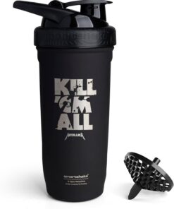 Smartshake Rockband Reforce - Botella mezcladora de proteínas de acero inoxidable de 900 ml, tapa de rosca a prueba de fugas, sin BPA, sin aislamiento, unisex (Metallica, logotipo de Kill 'Em All)