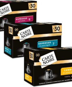 Tarjeta negra – Surtido de cápsulas de café compatibles Nespresso® – N°6 Lungo, N°7 Classic, N°9 Intense – Café Arabica – Lote de 3 x 30 cápsulas de aluminio – Fabricado en Francia