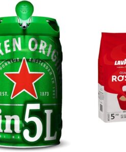 Heineken Cerveza Lager Barril Pack, 2 x 5L + Lavazza Café en Grano Espresso Qualità Rossa, Paquete de 1 Kg