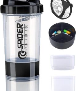 Botella mezcladora de proteínas de 3 capas de 600 ml con bola mezcladora de acero, a prueba de fugas y sin BPA, botella de agua deportiva con compartimento de almacenamiento para suplementos, diseño
