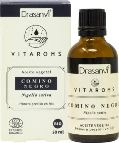 Aceite de Comino Negro BIO Ecocert Antioxidante en 50ml Vitaroms Vegano | Propiedades Cicatrizantes y Antioxidantes, Ideal para el Cuidado de la Piel y el Cabello, Vegano y Sin Gluten, Drasanvi