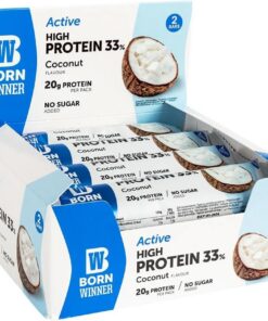Born Winner Barra de proteínas activa: 12 x 60 g, sin azúcar añadida, tiene 20 g de proteína sin gluten