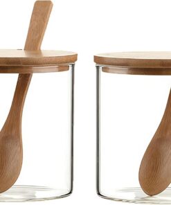 2 tarros de especias de vidrio transparente de 300 ml, recipientes de almacenamiento de condimentos para cocina, sal, pimienta, azúcar, especias y hierbas con cuchara de madera y tapa
