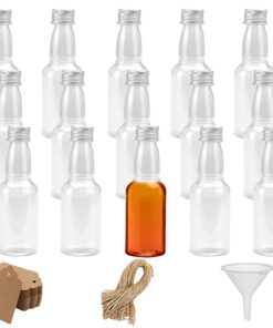 15 Piezas Mini Botellas Vacías para Licor, Botellas Licuadas de 60 ml, Minibotellas de Plástico, Botellas de Plástico Reutilizables, Transparencia, con Tapa y Embudo, Etiquetas de Papel Kraft