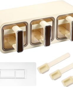 sourcing map Juego de recipientes de café y azúcar, tarro de plástico de 3 rejillas para condimentos con respaldo adhesivo y cuchara, caja de especias para condimentos para el hogar, cocina