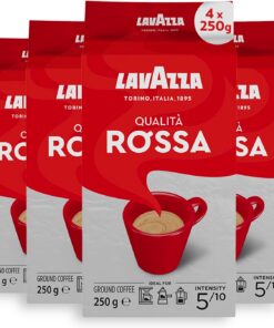 Lavazza Qualità ROSSA, Café Molido, 4x 250g | Intensidad 5/10, con notas de chocolate y frutos secos, Arábica y Robusta, tostado medio, ideal para ollas de moka