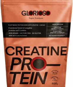 GLORIOSO Creatine Protein Proteína Vegana con Creatina | 18,6g Proteína + 3g Creatina Monohidrato por Toma | Guisante Arroz Calabaza Girasol | Con DigeZyme® | Sin Azúcares Añadidos | Sabor Cacao 500g