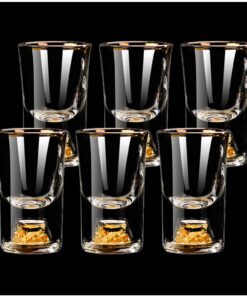 YBCPACK Juego de 6 vasos de chupito dorados de 10 ml, juego de vasos de chupito de cristal decorados con copos de oro de 24 quilates, mini vasos lindos para licor, tequila, sake, whisky