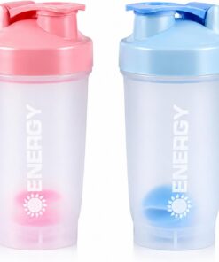 Shaker Proteinas 500ml Set de 2, Vaso Mezclador Proteinas con bola mixta | Botella Gimnasio Antifugas. Protein Shaker Bottle y Mezclador de Proteinas sin BPA para Parejas (Azul y Rosa)