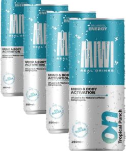 MIWI ON Tropical Punch, Bebida con cafeína Sabor a Mango, pìña y Coco, 0% azúcar, 0% Alcohol, Lata 250 ml (Paquete de 4)