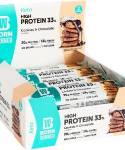 BW Born Winner BornWinner Keto, barritas de alta proteína, bajas en carbohidratos, galletas y chocolate, 31 % de contenido de proteínas, 18 g de fibras, 20 g de proteína por barra, 12 x 60 g
