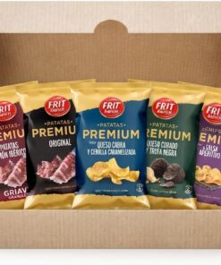 Set variado de patatas fritas premium Frit Ravich, 5 sabores gourmet | Original, jamón ibérico, queso de cabra y cebolla caramelizada, queso curado y trufa negra, estilo aperitivo. 150 gr c/u.