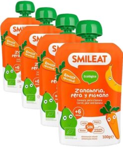 Smileat - Pouch de Frutas Ecológicas - Sin Sal ni Azúcar Añadido, Sin Gluten - Snack Práctico para Peques - Sabor a Zanahoria, Pera y Plátano (Paquete de 4)
