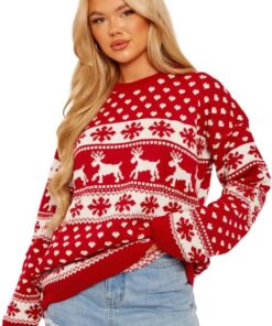 Suéter de Navidad para mujer, suéter de punto con diseño de reno, manga larga, cuello redondo, novedoso suéter de Navidad de Rudolph, suéter divertido de Navidad