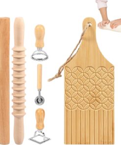 Prensa para Raviolis 7 Piezas Tabla Manual de Madera de Alimentario | Rueda Cortadora de Pasta para de Empanadillas Fideos Pasta Cocina Hogar Restaurante Preparación Comidas