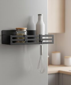 Estante magnético para especias para refrigerador, diseño hueco de metal con ganchos, organizador fuerte para nevera para especias, frascos de condimentos y almacenamiento de cocina, negro, 1 paquete
