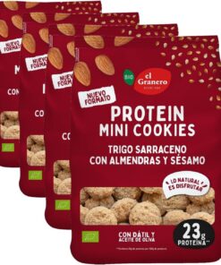 El Granero Integral - Mini Cookies Proteicas de Almendra y Sesamo BIO - 130 g - Alto Contenido en Proteínas - Fuente de Energía Natural - Aptas para Dietas Saludables (Paquete de 4)