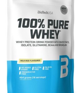 BioTechUSA 100% Pure Whey Complejo de suero de leche con bromelina, aminoácidos, sin azúcar añadido, sin aceite de palma, con edulcorante, 454 g, Arroz con leche