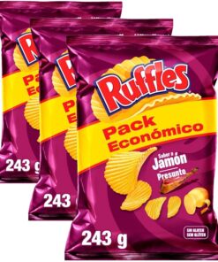 Ruffles Jamón, Patatas Fritas con sabor a jamón, Producto de Aperitivo, bolsa familiar, 243 gr (Paquete de 3)