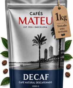 Cafés Mateu Café en Grano 1kg Descafeinado Swiss Water Blend Arábica-Robusta Aromático Tueste Artesanal Semanal Paquete de 1kg