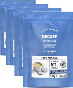 by Amazon Monodosis de Café Descafeinado 100% Arábica, Aptas para Cafeteras Senseo, Tostado Medio, 36 Unidades (1 Paquete de 144), Certificadas por Rainforest Alliance