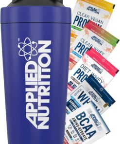 Applied Nutrition Coctelera de proteína de metal, suplementos deportivos de acero inoxidable, botella de coctelera de metal, duradera y ligera (750 ml) + paquete de 5 muestras