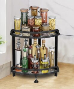 Estante de especias de cocina de 2 niveles, estante de especias de esquina de acero inoxidable, 33 x 23 x 35 cm, organizador de escritorio de pie, estantes de almacenamiento de esquina negros