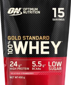 Optimum Nutrition Gold Standard 100% Whey Proteína en Polvo, 450g | Delicious Strawberry, 15 Servings, 24 g de Proteína,BCAA,Bajo en azúcares,Favorece el Crecimiento y la Recuperación Muscular