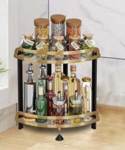 Estantería para especias de 2 niveles de acero inoxidable, estante de cocina dorado, estante de pie extra grande, estante de almacenamiento triangular de pared para especias, organizador de
