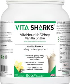 VitaNourish Whey Shake (vainilla) - Bebida vegetariana rica en proteínas para aumentar la masa muscular, fortalecer los huesos y estimular el sistema inmunológico sin OMG