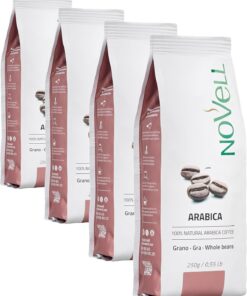 NOVELL - Café en Grano Natural 100% Arábico 250g | Grano Natural para Experiencia Gourmet Premium | Fácil Uso con Válvula Unidireccional | Arábica Sostenible (Paquete de 4)
