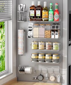 Kmise Estante magnético para especias para refrigerador, paquete de 8 estantes magnéticos para nevera, organizador de especias móvil con estante de gancho, soporte para toallas de papel, soporte para