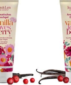 Jean & Len Gel de ducha con arándanos y vainilla, pH optimo para la piel, una experiencia de ducha revitalizante, con extracto de arándanos y vainilla, para una piel suave, 250 ml (Paquete de 2)