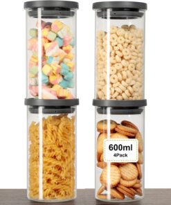 VINATO 4 Tarros de Cristal con Tapa - Botes Cocina Almacenaje Herméticos, Set de Tarros Cristal para Frutos Secos y Especias, 600ml, Sin BPA