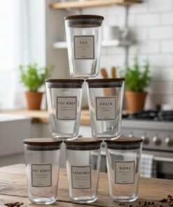 Juego de 12 tarros de especias de 400 ml con tapas de bambú, 6 x 6 x 10 cm, diseño elegante y transparente para una organización óptima de la cocina